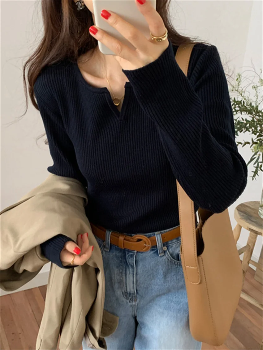 Alien Kitty Vintage Hot Solid V-Neck 2022 Sweet Causal Clothe Slim All Match Stylish Women New Sweater Streetwear Basic Tops