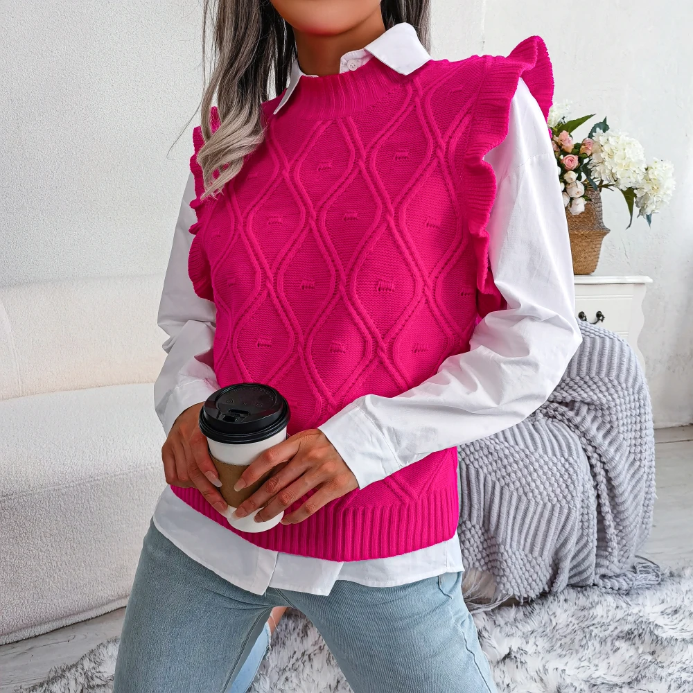 Women Casual Ruffles Sleeveless Pullovers Knitted Sweater Vest Autumn Winter 2023