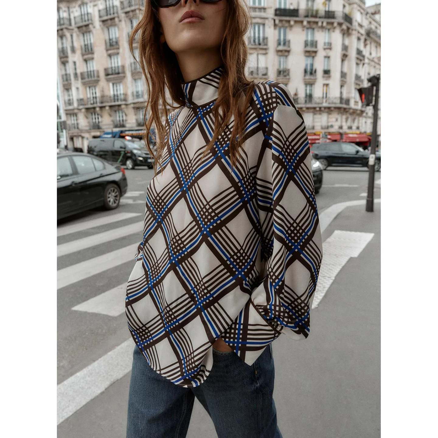 가을 겨울 신상 여성 캐주얼 슬리브 하이 칼라 롱 슬리브 체크 패턴 히든 버튼업 탑 9323262