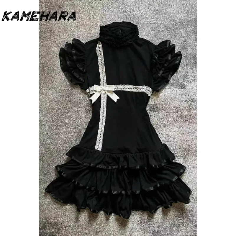 KAMEHARA اليابانية E-girl القوطية خمر نصف عالية الرقبة قصيرة الأكمام القوس فستان الدانتيل مقطعة الخصر حار فتاة فستان أسود صغير