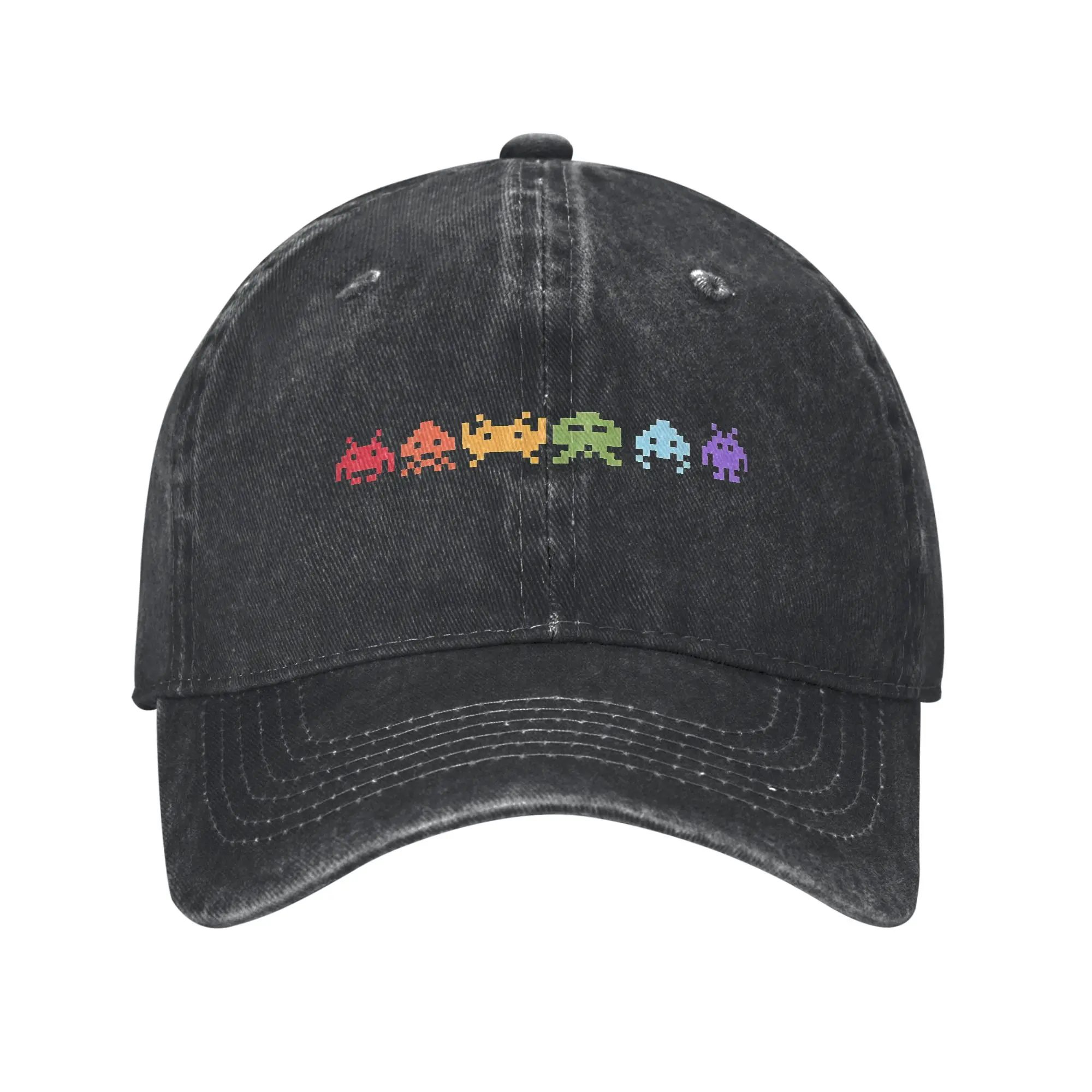 Space Invaders Baseball Cap Vintage Distressed Washed  Pixel Art Rainbow Aliens Snapback Cap Unisex Style Adjustable Hats Cap