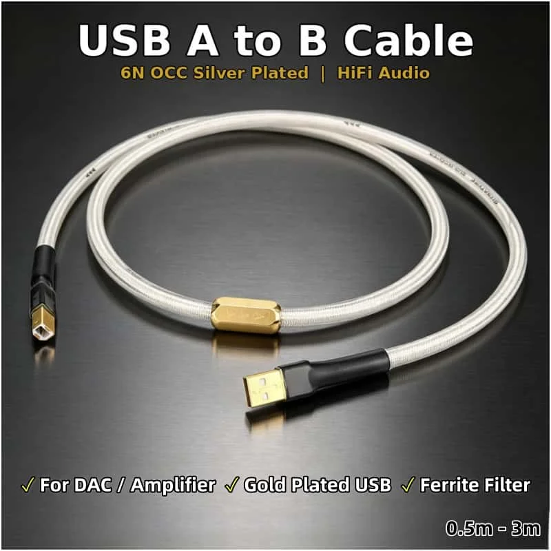 6N OCC Silver Plated USB A to B Audio Cable HiFi USB DAC Data Cable for Computer Laptop to DAC Amplifier Printer Scanner