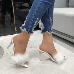 2024 New Summer High-heeled Plus Size Sandals and Slippers Women Fine-heeled Suede Furry Pointed Toe Fashion Women's Shoes