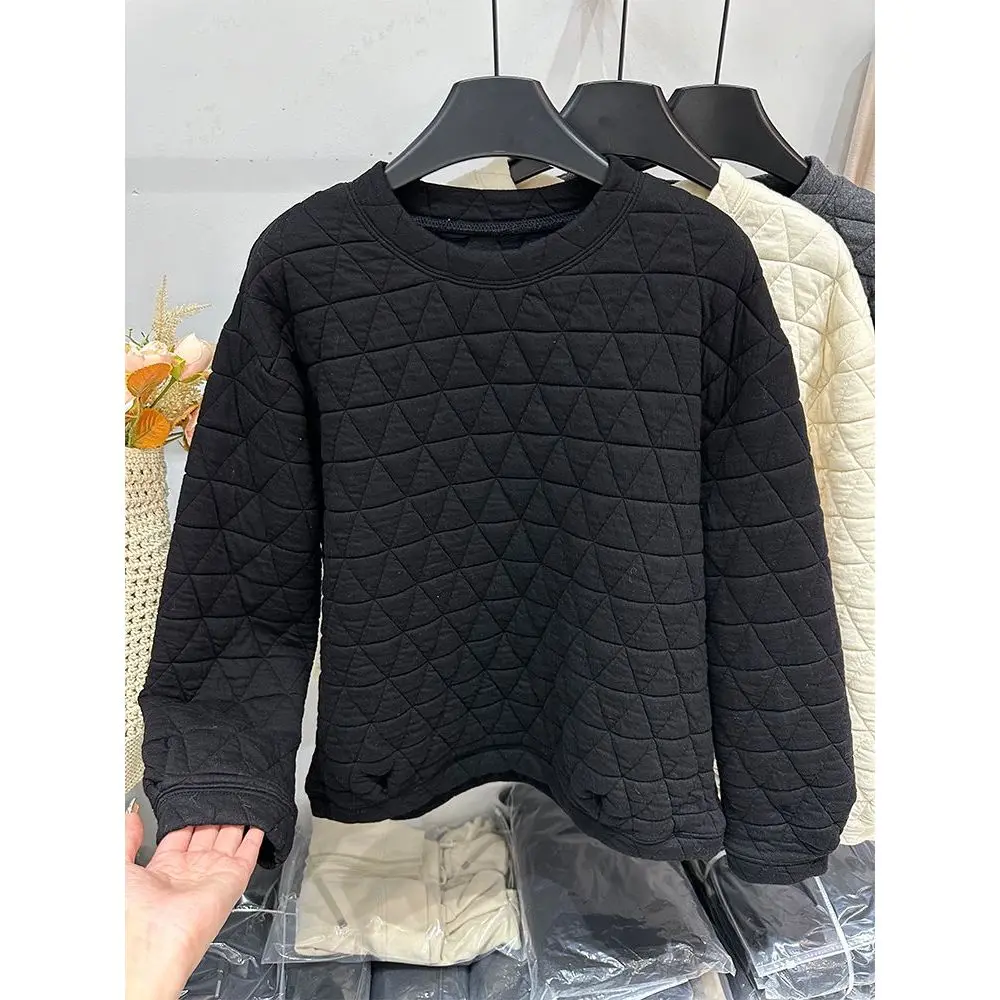 Premium Feeling Winter 2025 Women's Loose Fit round Neck Thickened Embroidered Diamond Pattern Cotton Sweatshirt Commute Style