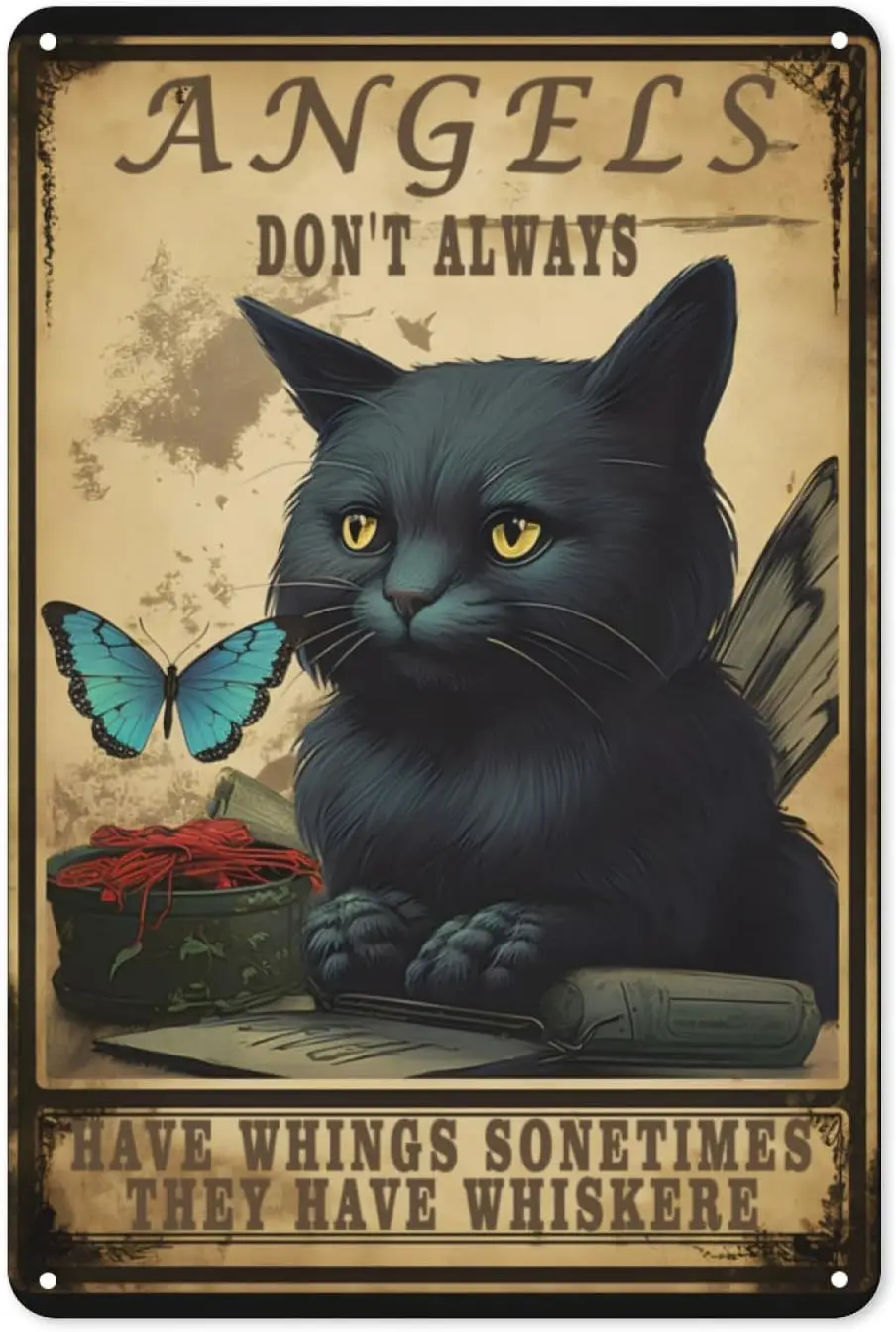 Vintage Wall Art Cat Signs Home Decor These Fun Signs Are Perfect For The Bedroom Or Garden 8x12 Inch Angels Don't Always H sign