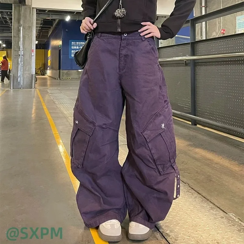 Unisex Vintage Purple Cargo Pants Multi Pockets Metal Rivet Loose Curved Wide Leg Baggy Trousers Y2K Streetwear Casual Denim
