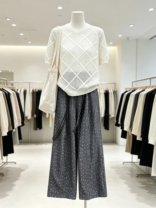 

Loose Floral Wide Leg Pants Two Piece Set Hollow out Summer Thin Large Size Women's Clothing Korean Style Casual Fashion