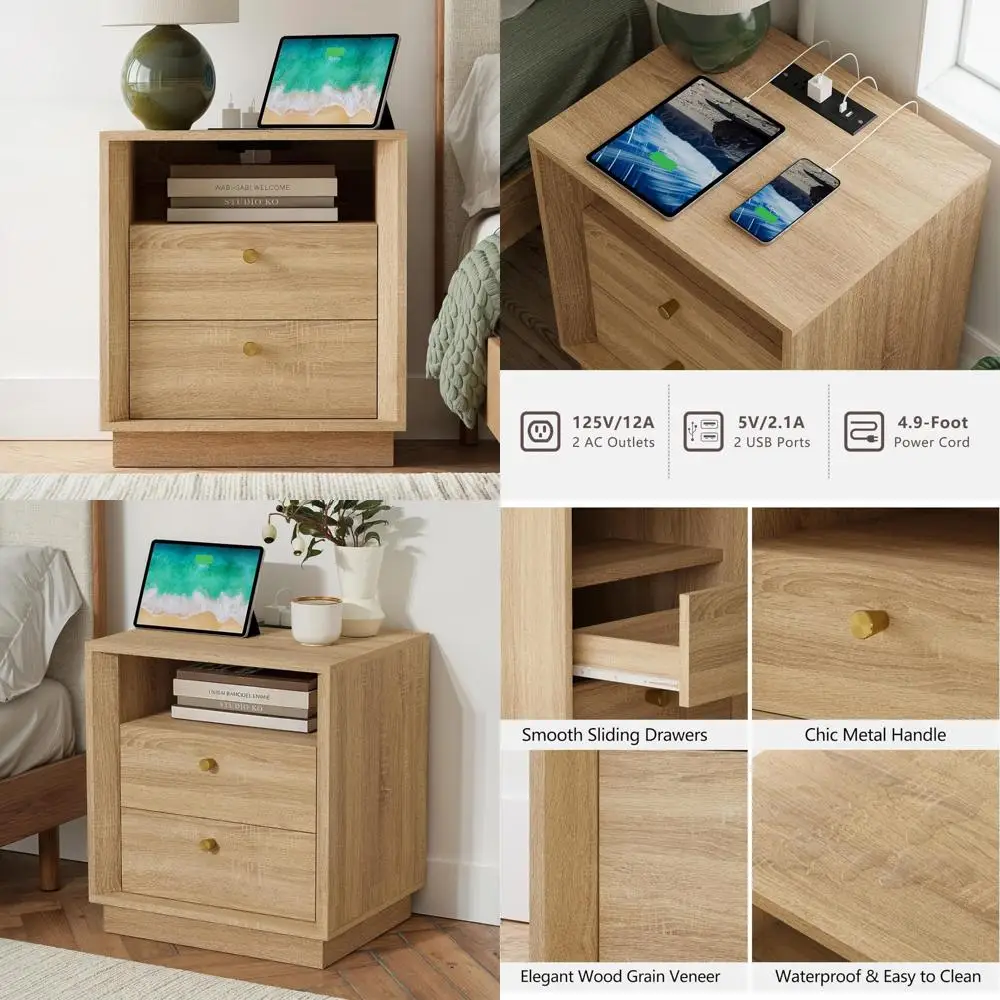 Mid-Century Modern Nightstand with Charging Station and Wood Grain Texture, Bohemian Style Drawer Storage End Table