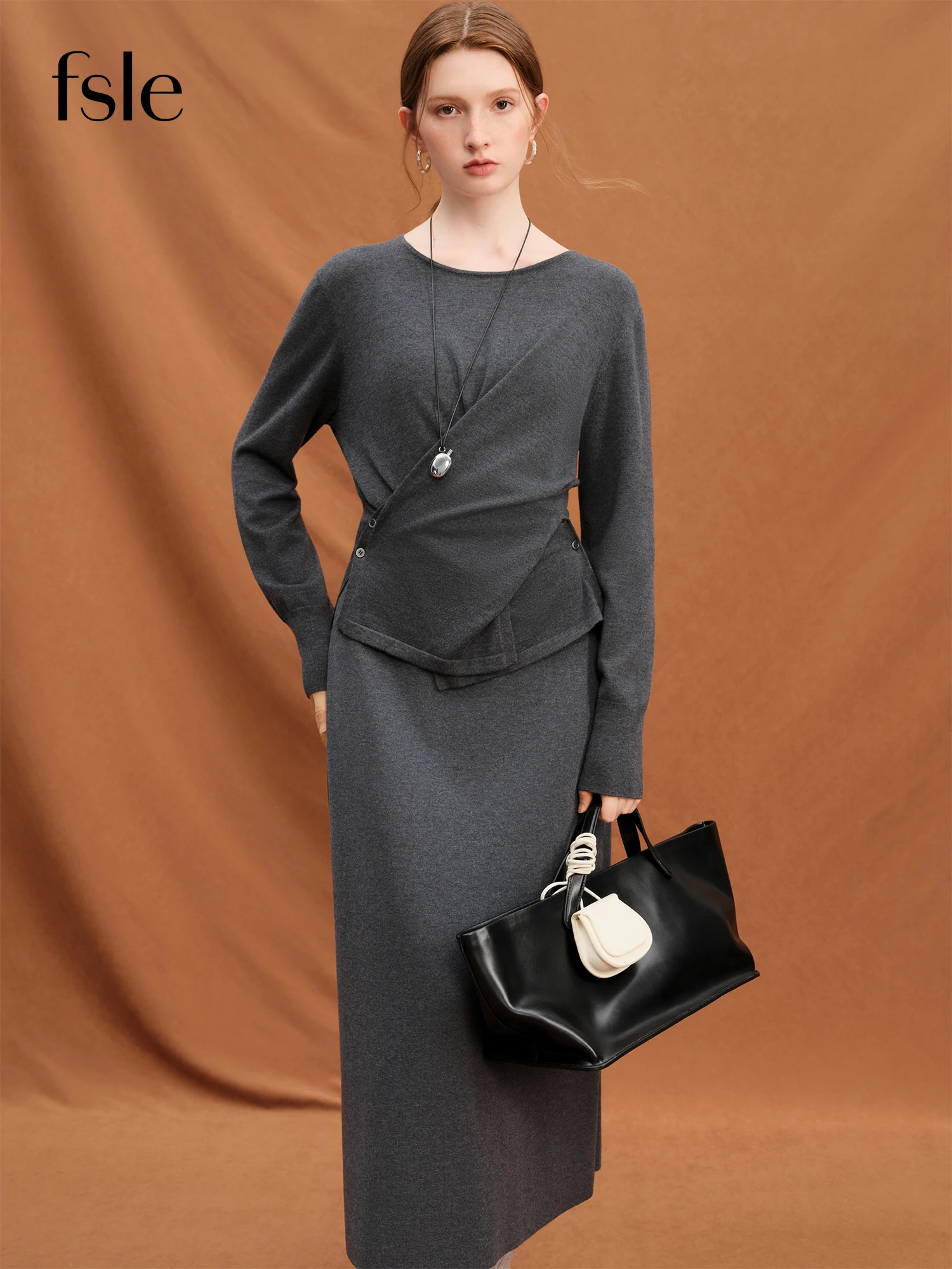 

Женское вечернее платье FSLE, осень 2022, стиль с запахом, элегантный вязаный свитер с круглым вырезом и длинными рукавами, комплект с юбкой, координатный наряд