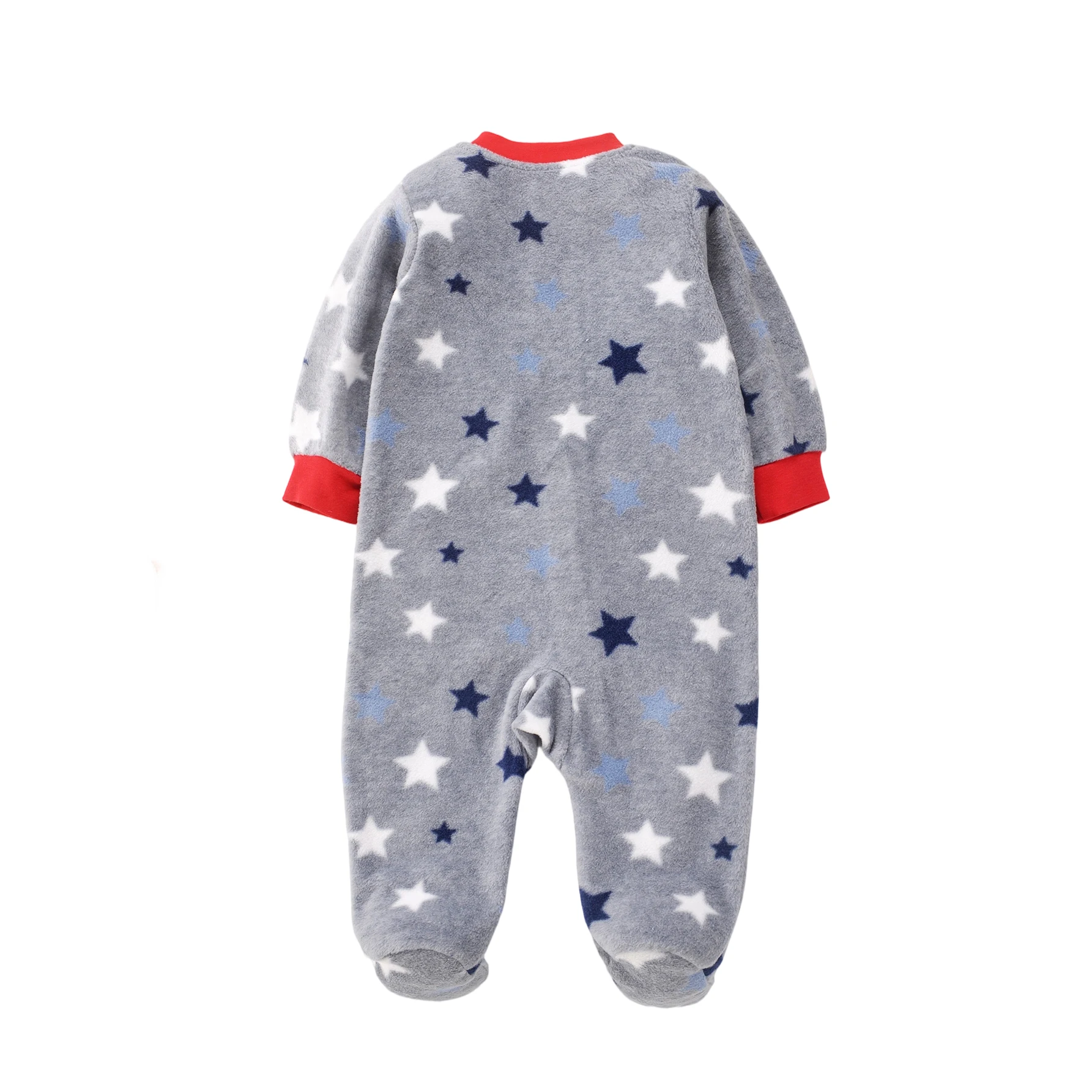 Grey Star Print Polar Fleece Baby Footed Romper Fire Truck Dalmatian Embroidery Zipper Onesie for 3-12M Newborn Boys Fall Winter