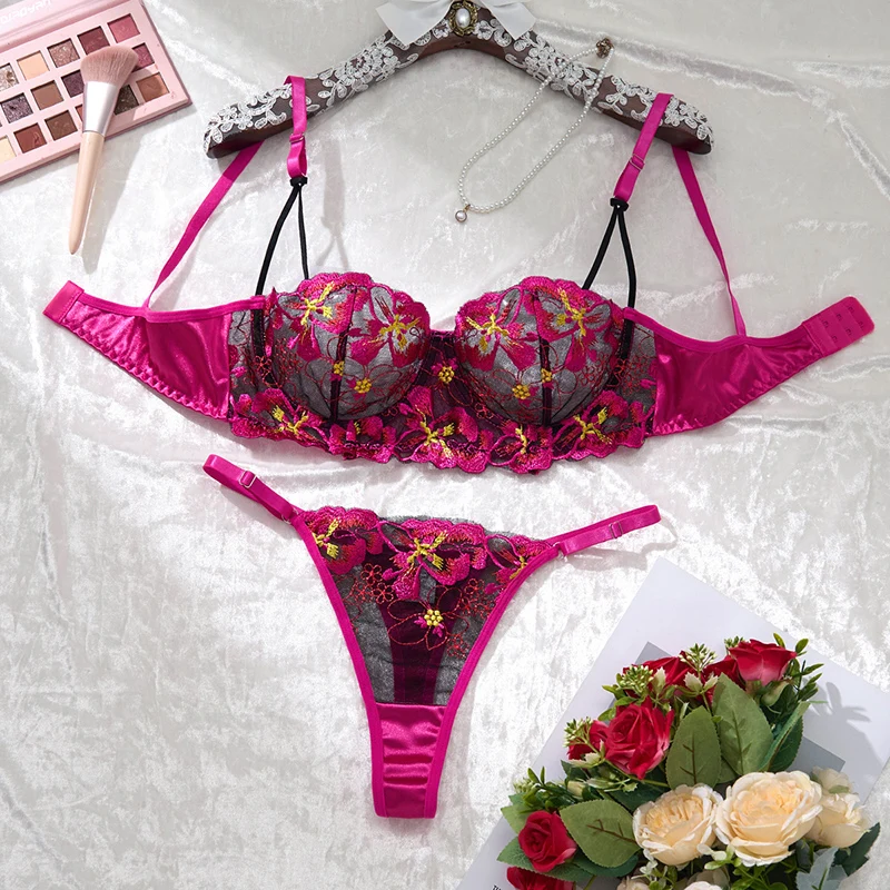 Sexy Lingerie Floral Embroidery Mesh Underwear Romantic Rose Red Lingerie Set Women Push Up Bra See Through Intimate Erotic Sets