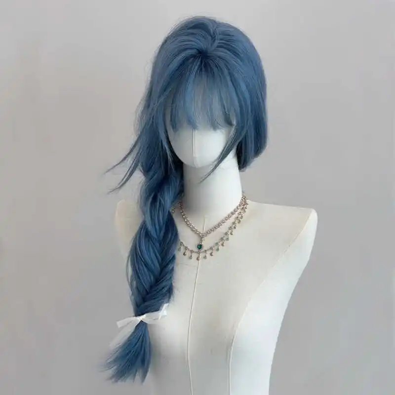 

Synthetic Kpop Girl Group Style Blue Long Straight Wig Natural Realistic Daily Wear Heat Resistant Fiber Wig