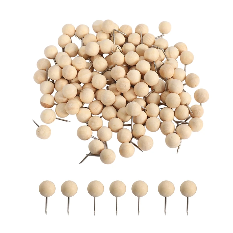 A56G-130Pcs Round Wood Decorative Push Pins, Wood Head And Steel Needle Point Thumb Tacks For Photos, Maps And Cork Boards