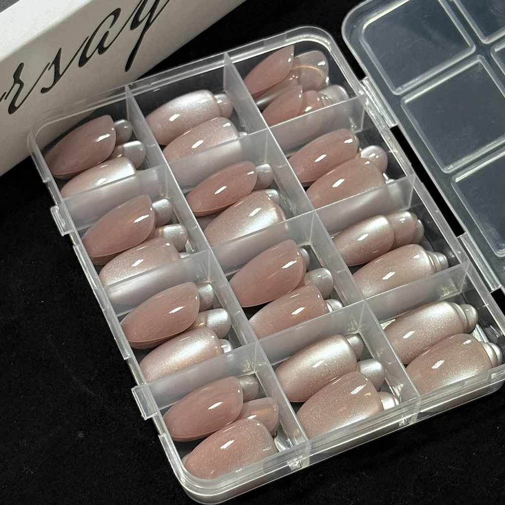 144 teile/schachtel Natürliche Nude Cat Eye Künstliche Nägel Kurze Mandel Design Volle Abdeckung Fasle Nagel Acryl Drücken Auf Nägel Elegante Nagel patches – Detail 5