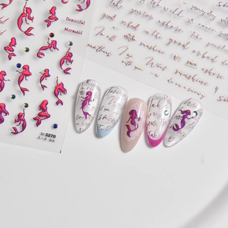 

New Bronzing Laser Pink Mermaid English Words 5D Crystal Diamond Nail Stickers Adhesive Art Decals Manicure Accessories T-3270