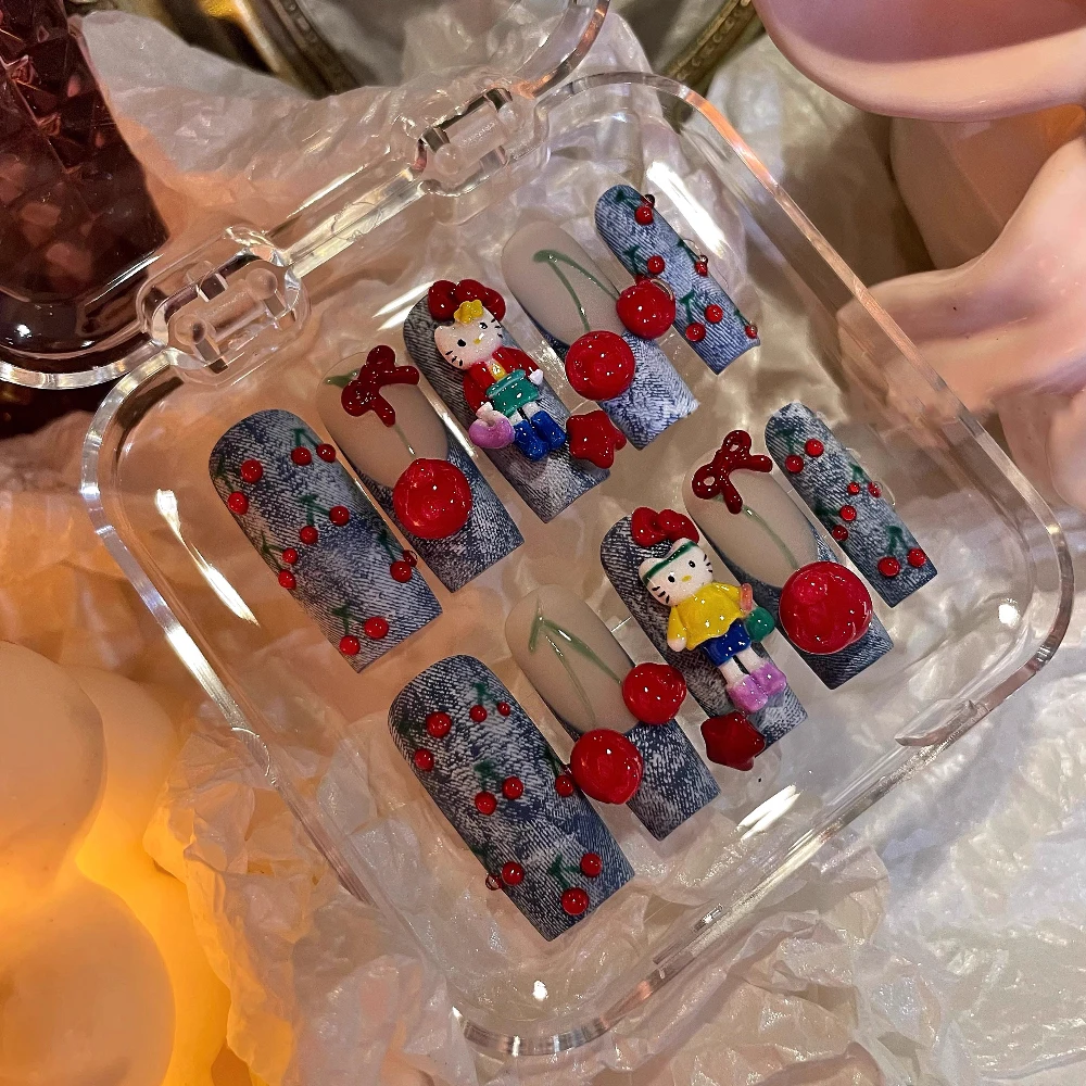 

10Pcs Spice Girl Sanrio Long Legs Hello Kitty Handmande Long Square Press On Nails Cowboy Cherry Bowknot French False Nails Gift