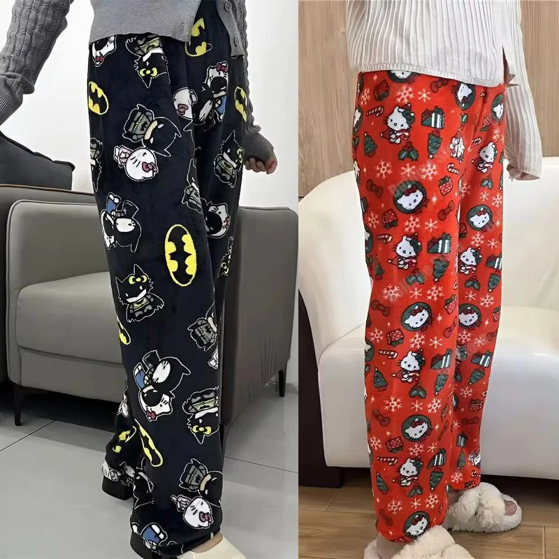 New Sanrio Y2k Autumn Hello Kitty Batman Pajama Pants Cartoon Hip Hop Ladies Warm Casual Flannel Cute Pants Plush Style Clothing