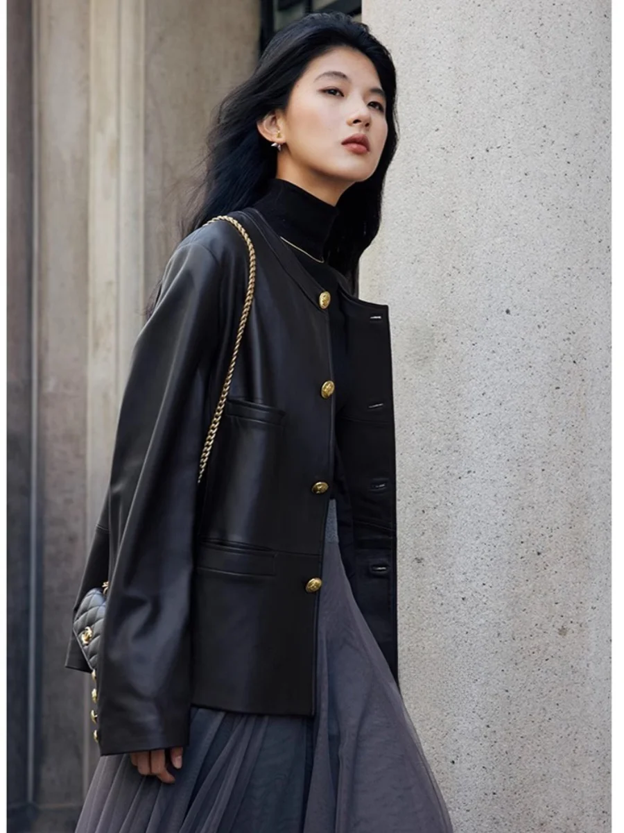 

A-Grade Sheepskin Black round Neck Jacket Women's Spring Autumn Fashion Outerwear Real Leather Coat Commute Style Long Sleeve