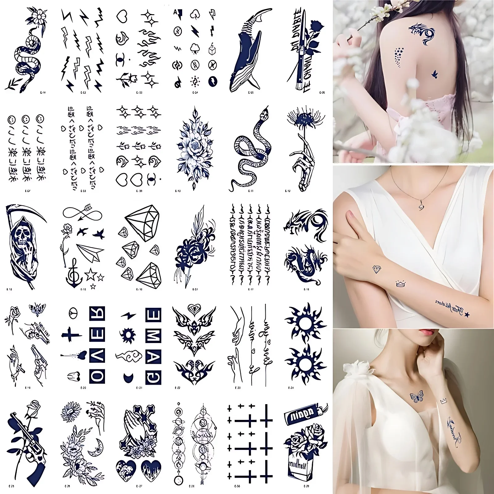 30pcs/lot Men Women Juice Tattoos Sticker Snake Lily Rose Snake Dimond Dragon English Letter Long Lasting Semi-permanent Tattoos