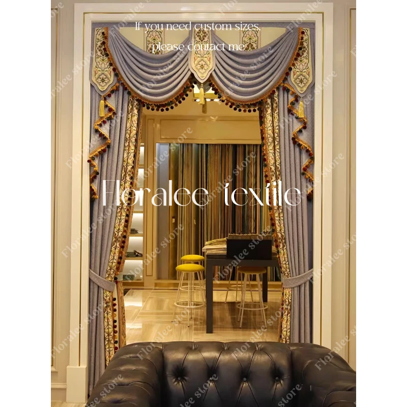 

European Curtains for Living Dining Room Bedroom Luxury Simple Villa High-end Plain Color Splicing Jacquard Curtains Customized