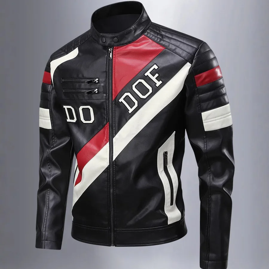 

Man Leather Coat Autumn Motorcycle Punk Contrast Color Male Jacket Letter Printed Stand Collar Long Sleeve Man Outerwear