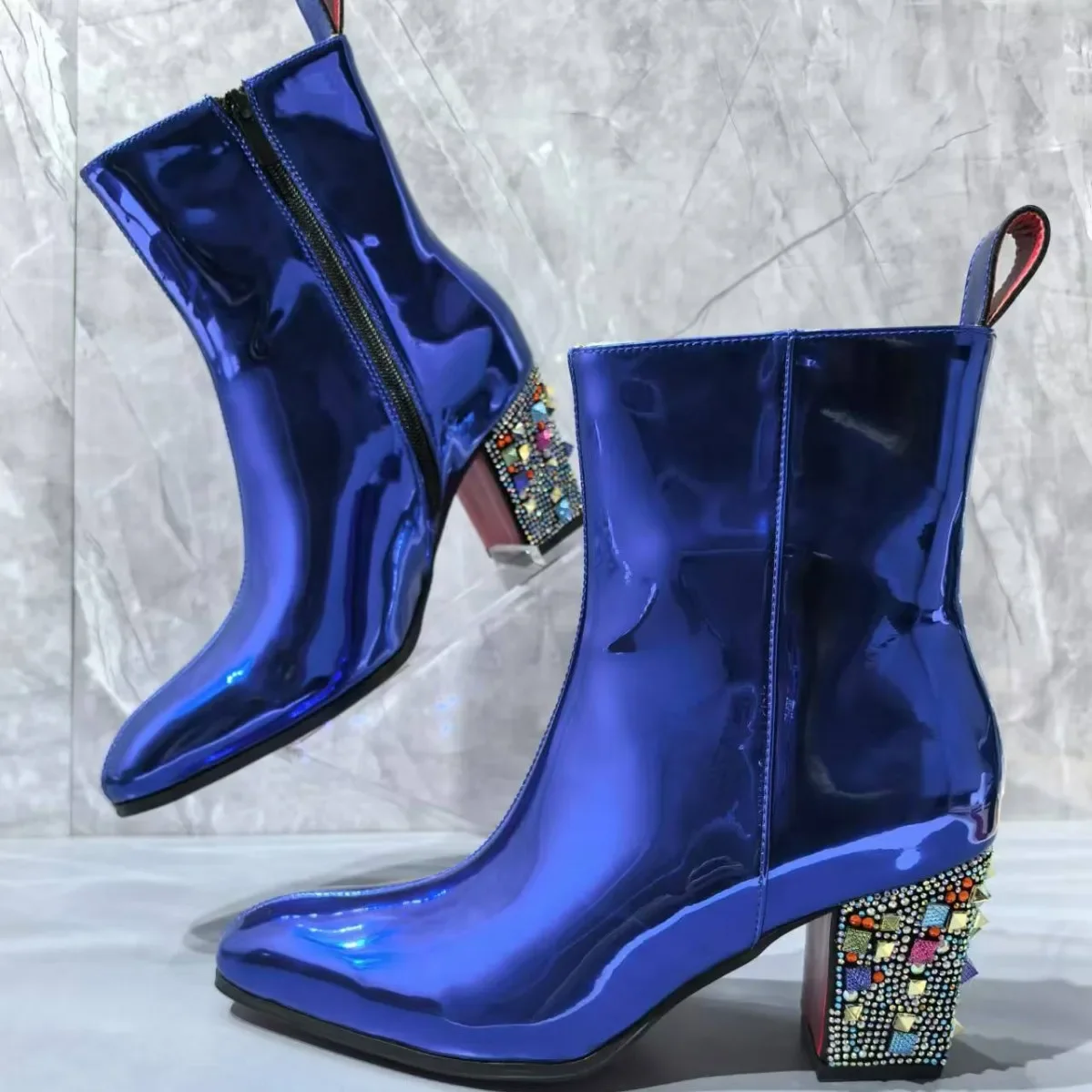 

European and American Shiny Leather Blue Rhinestone Heel High-Heeled Men's Boots with Raised Leather Short Boots for Men