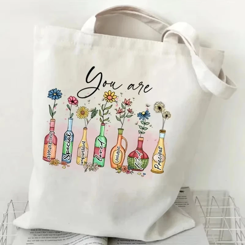 Colorful BottleChristian Bible Verse Print Shoulder Bag Women Religious Faith Canvas Shopping Bag Wildflower Design Tote Bags