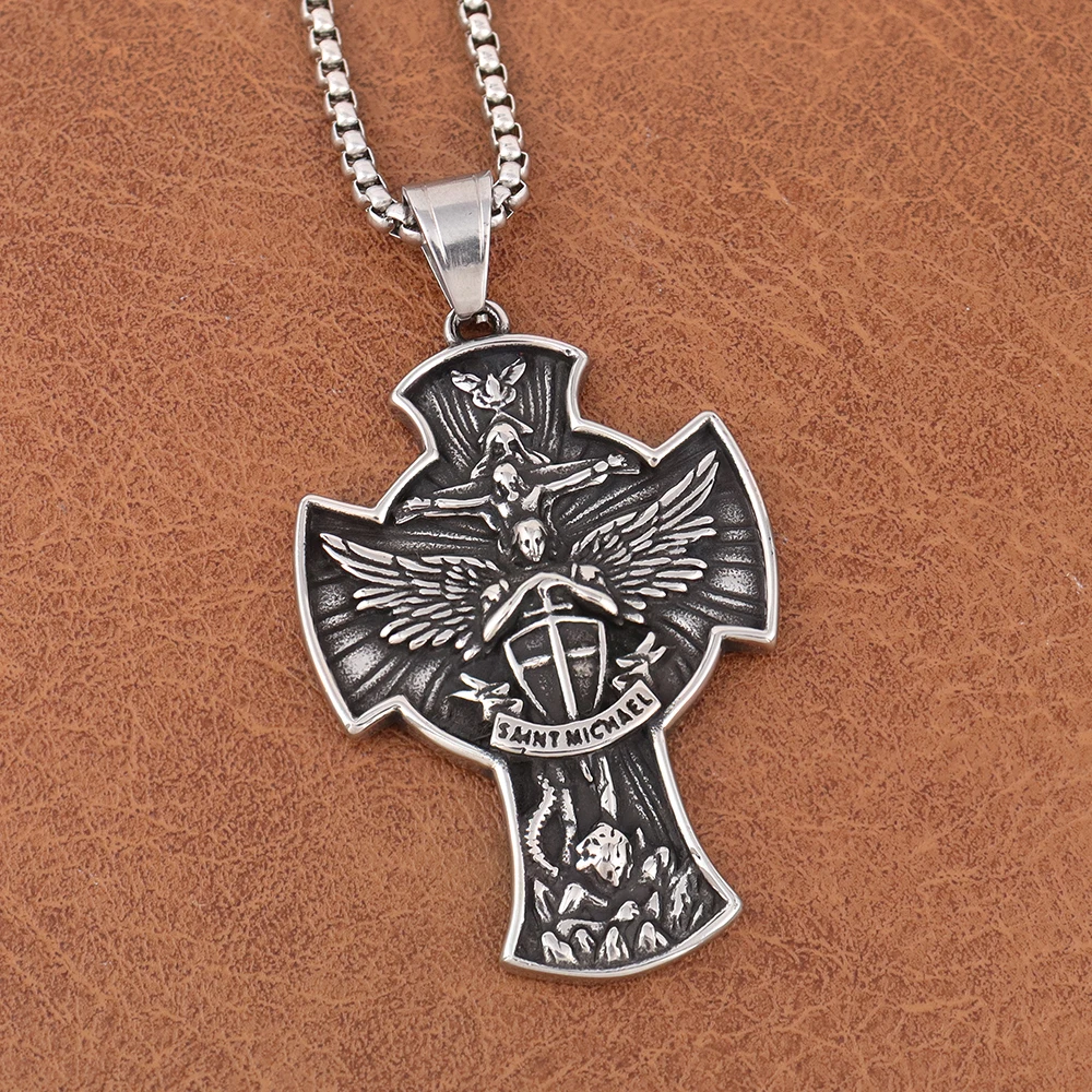 316Stainless Steel Saint Michael Necklace for Man Women Gift Fashion Angel Wings Cross Pendant Chain Amulet Jewelry Dropshipping