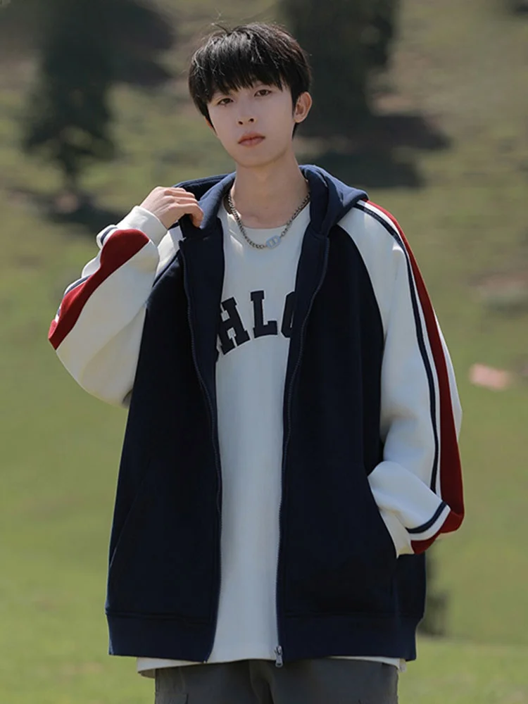 

Cleanfit Color Blo Striped Loose Fit Hoodie Cardigan Sweatirt Jaet for Couples Casual Comfortable Cotton Polyester Blend