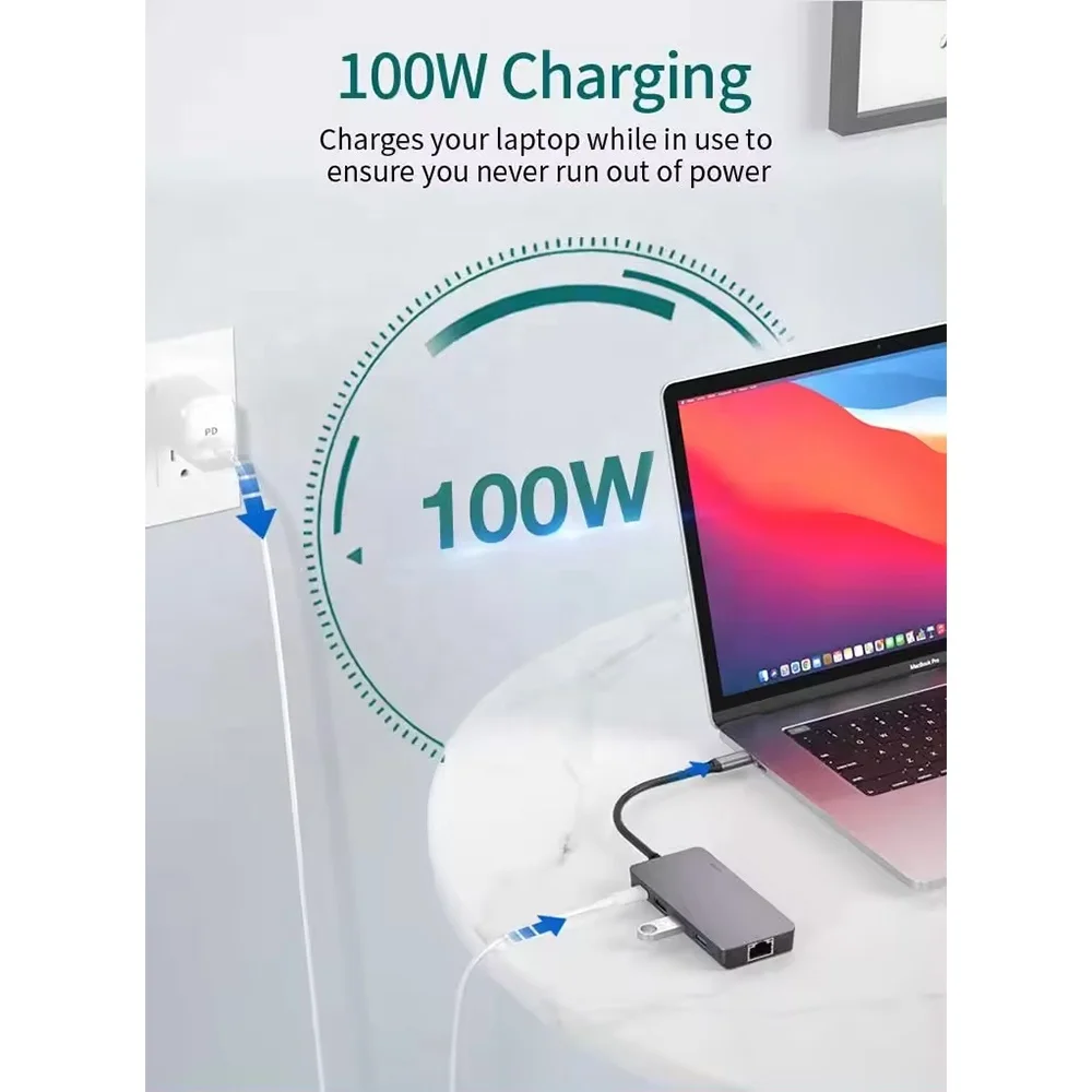 4K HDTV USB Portable Port 8 in 1 USB-C Hub Multi Docking Station Network Type C Hub 4K Gig Abit Ethernet