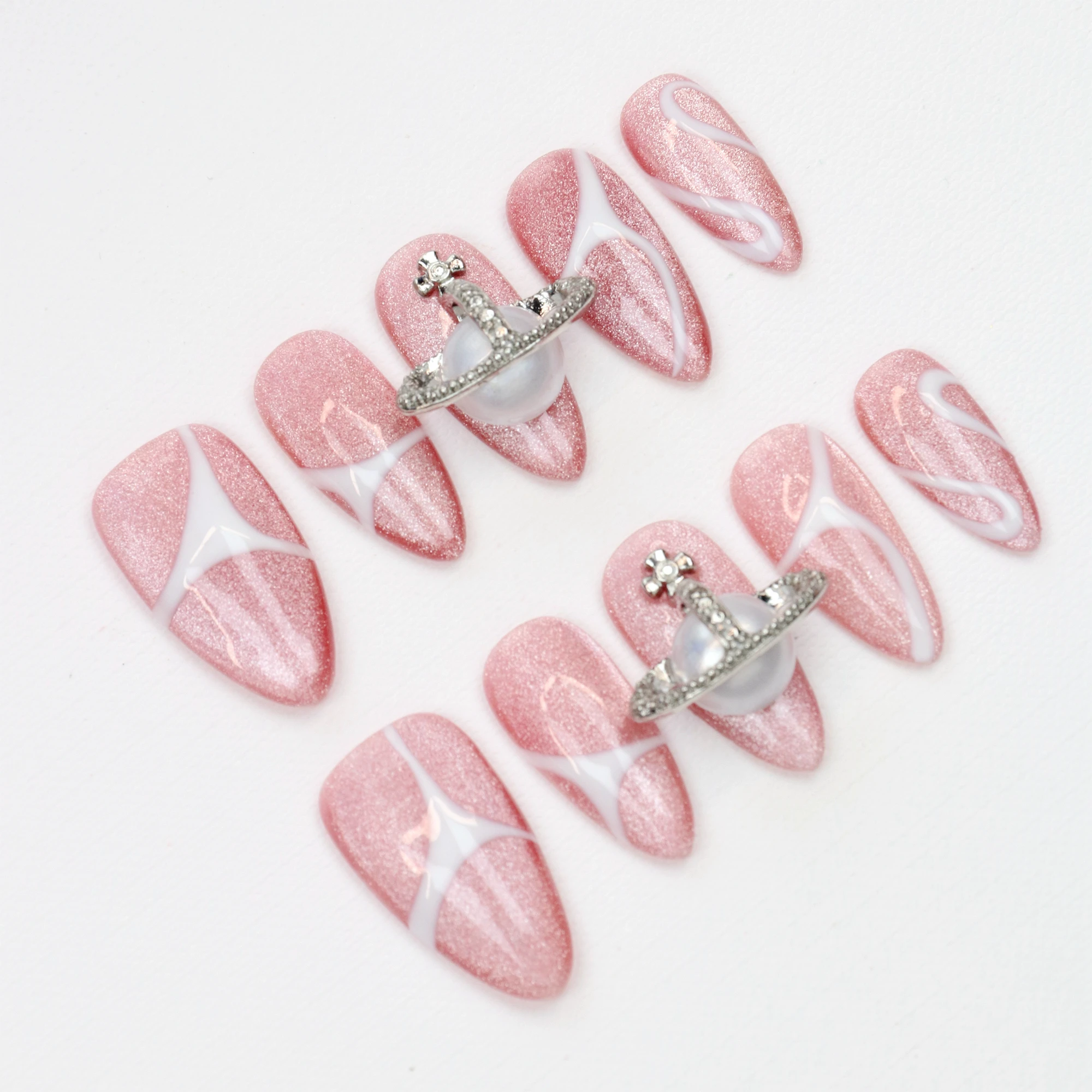 10 قطعة مانيكير مخصص مرسومة يدويًا أظافر اللوز المتوسطة فريدة من نوعها ثلاثية الأبعاد نمط وردي اضغط على تصميم الأظافر مع مجموعة مبرد أظافر لاصق