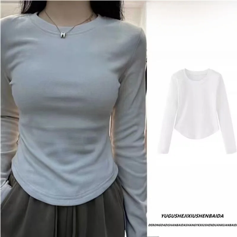 両面ベルベット白長袖女性のベースシャツ秋冬暖かいファッショナブルなウエストシンチボトム裾 Tシャツ