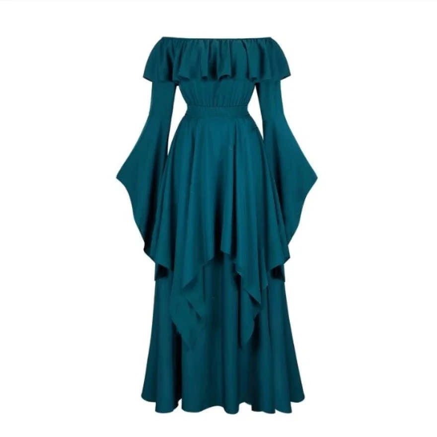 Abito rinascimentale a vita alta elastico con spalle scoperte per donna Abito smock medievale a maniche lunghe Abito da sera elegante Taglie forti
