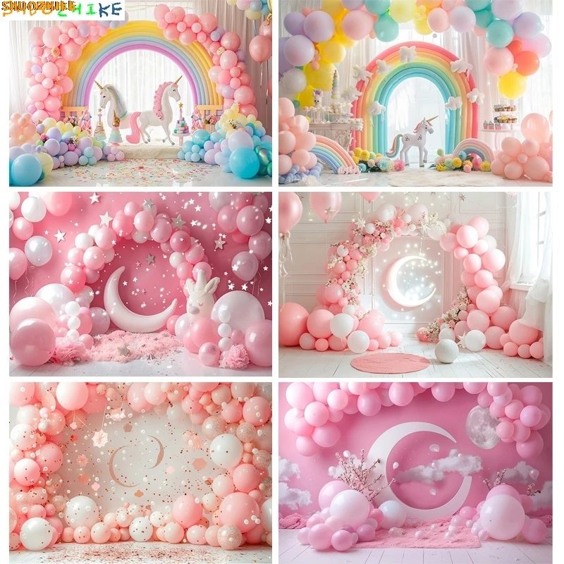 

Baby Room Happy Birthday Photography Backdrops Props Newborn Party Decoration Balloons Arch Floral Theme Photo Background QQ-09
