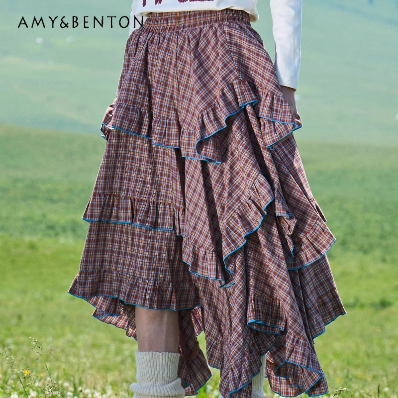 

American Retro Plaid Cotton Irregular Women's Skirt New Elastic Lock Edge Versatile Contrasting Color Design Cake Skirt Ladies