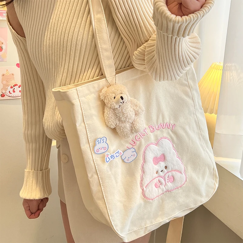 Cute Pink Rabbit Shoulder Bag for Women 2023 Fashion Canvas Large Capacity Shopper Bags Girls Casual Thicken Book Storage Bags