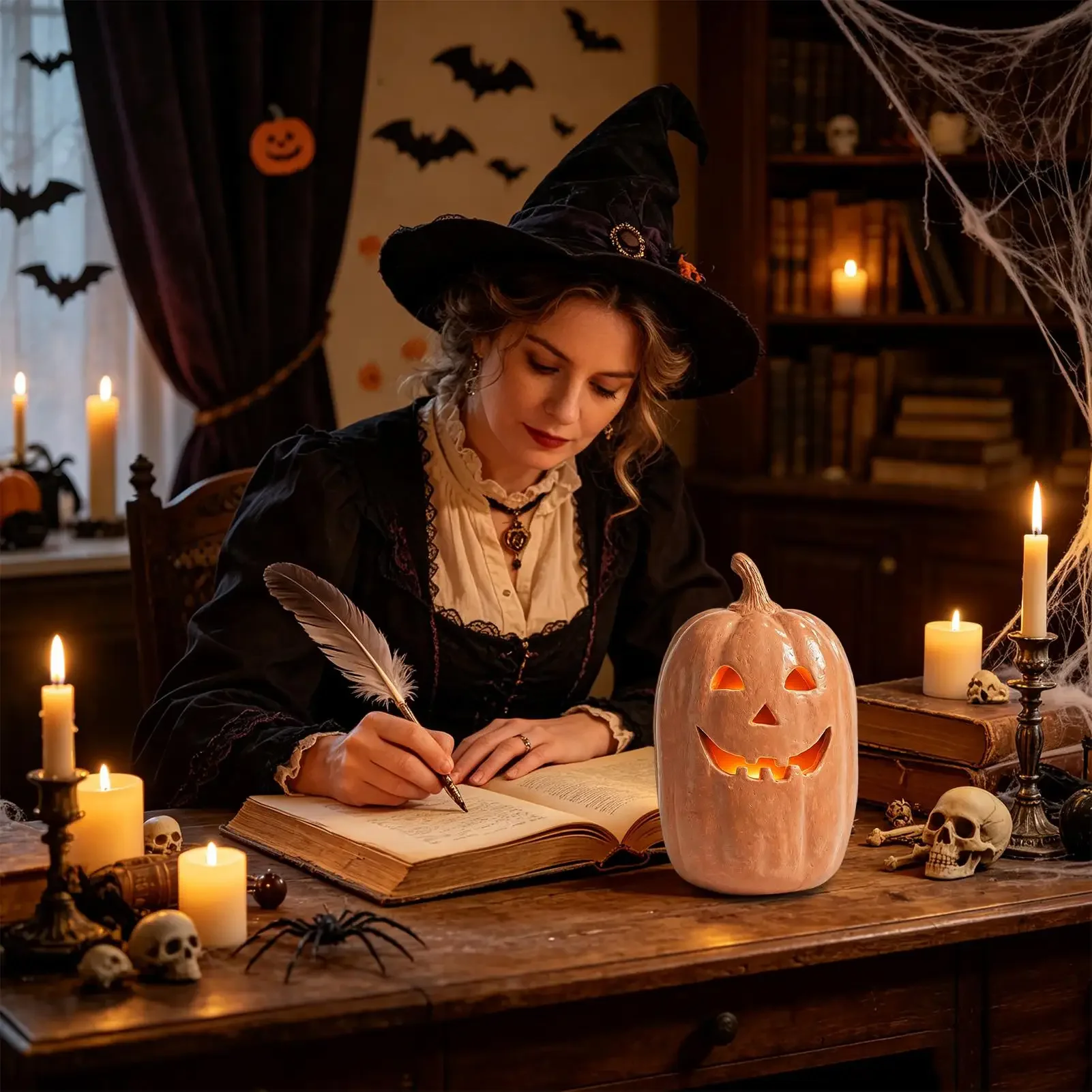 ハロウィーンのパンプキンランタン。手作りのレジン製で、屋外や屋内のテーブルに飾るのに最適なハロウィーンの装飾品。