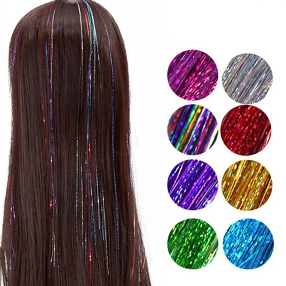 120cm 700Pcs Shiny Threads Glitter Hair Tinsel Kit Gold Silk Hair Glitter String Extensions Accessories for Women Headdress