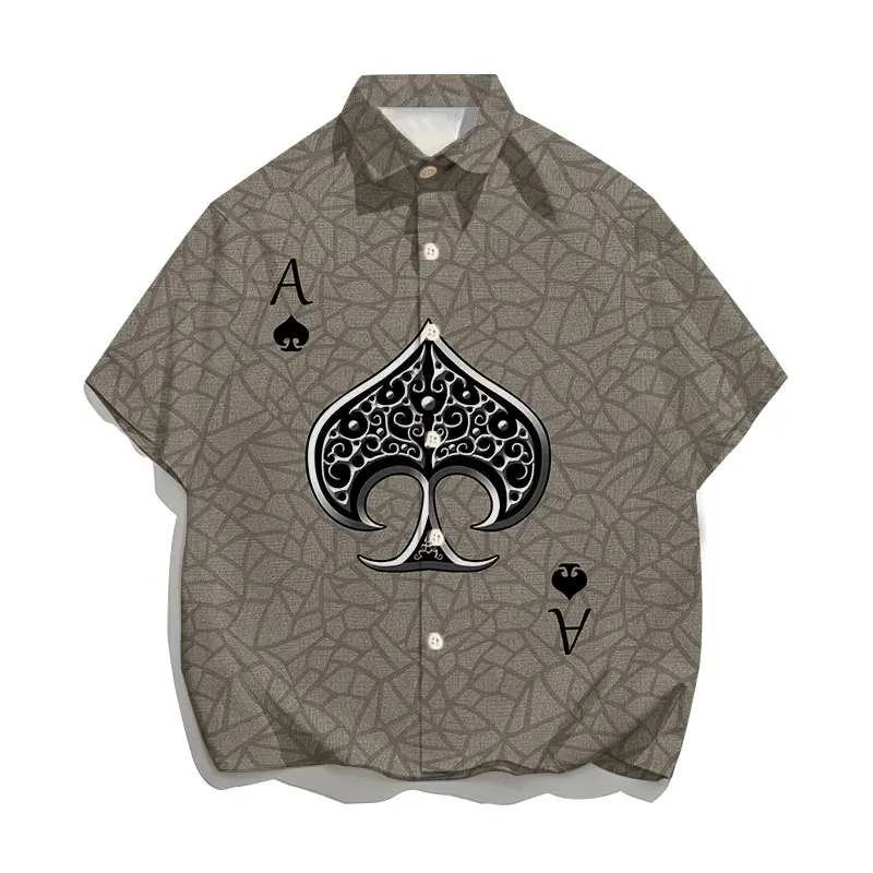 Playing Cards Spades Clubs Printed Shirts Men's Short Sleeve Poker Printed Oversized Shirt Harajuku Street Turn-down Collar Tops