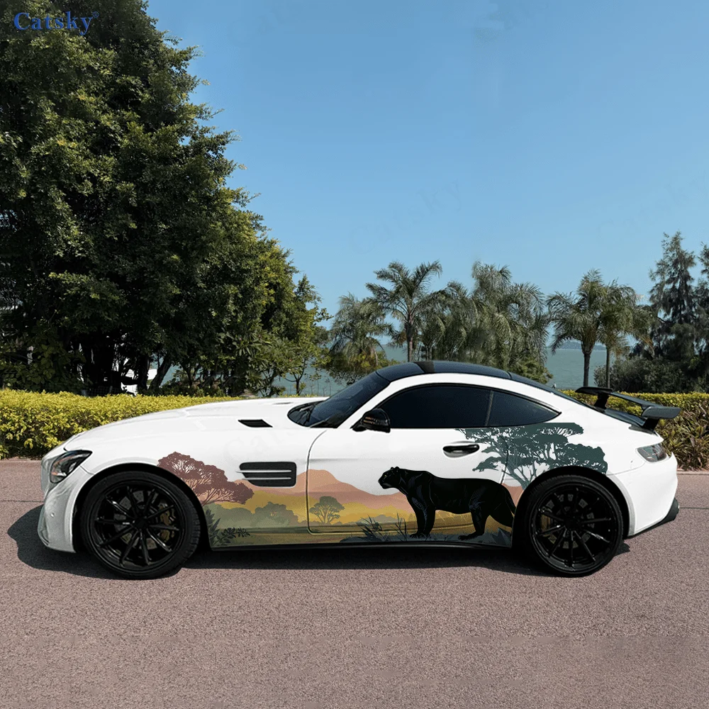 

2 шт. Крутой ретро-пейзаж: горный лес и черная пантера, наклейка на автомобиль. Автомобильная наклейка. Автомобильные виниловые обертки