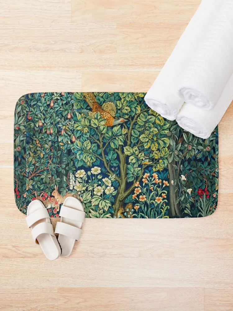 GREENERY,FOREST ANIMALS Pheasant on Tree,Squirrel,Hares,Blue Green Floral Tapestry Bath Mat Bathroom Rugs And Set Mat