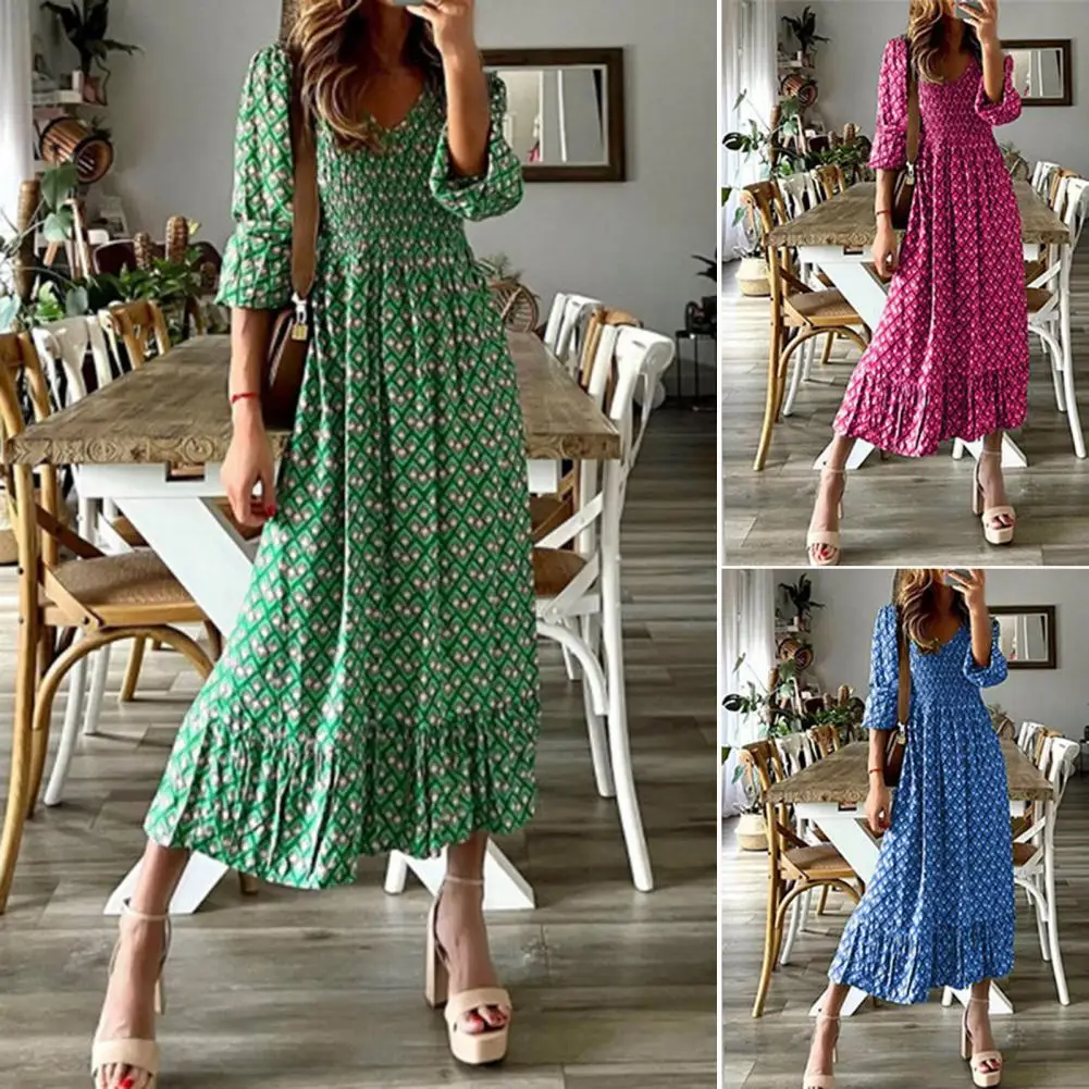 

V-neck High-Waist A-Line Ruffle Stitching Hem Retro Dress Women Autumn Floral Print 3/4 Puff Sleeve Holiday Dress Streetwear