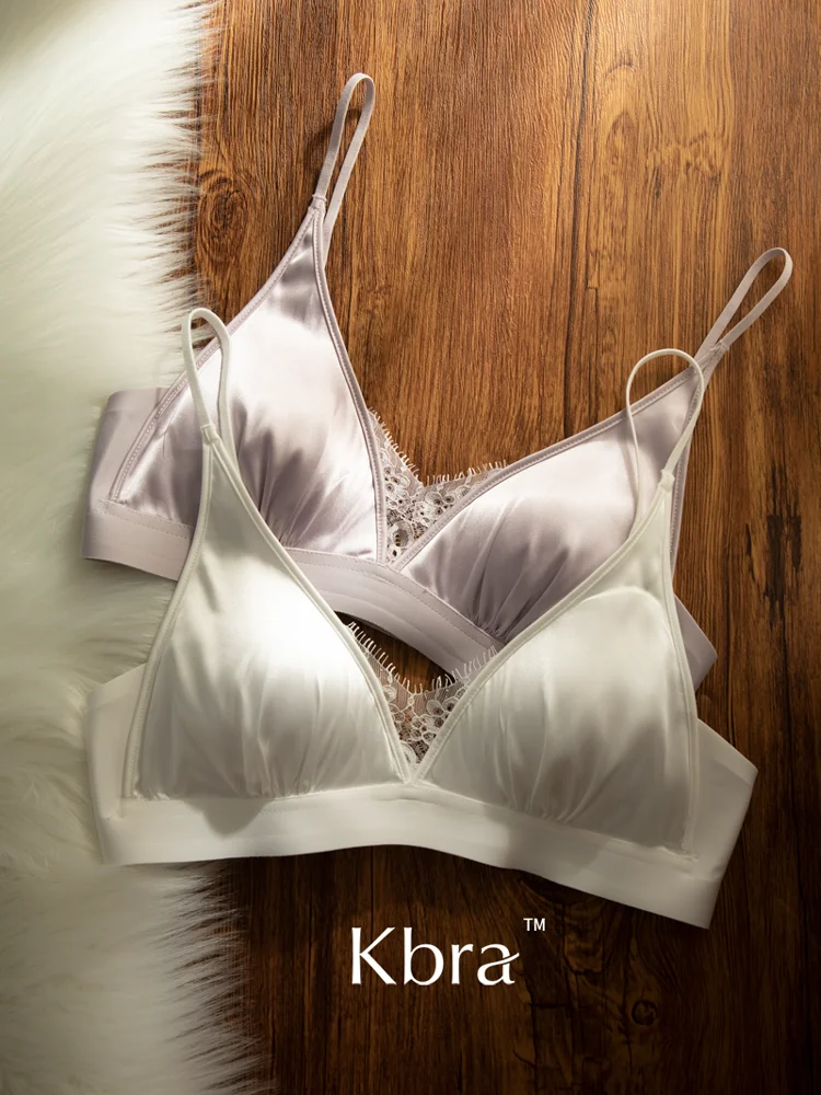 

Kbra Sexy Lace Bralette Women's Thin Cup Gathered Small Chest Anti-Sagging Satin Fabric Adjustable Shoulder Straps
