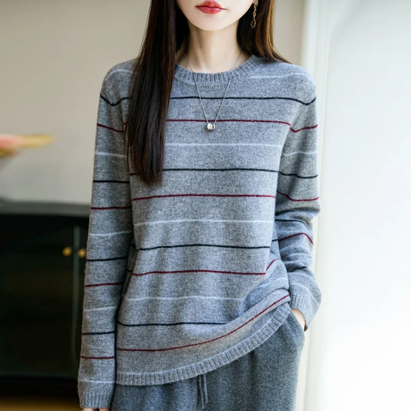 

Women'S Knitted Sweater Korean Style Striped Round Neck Pullover Loose Casual Youthful Knitted Women'S Sweater