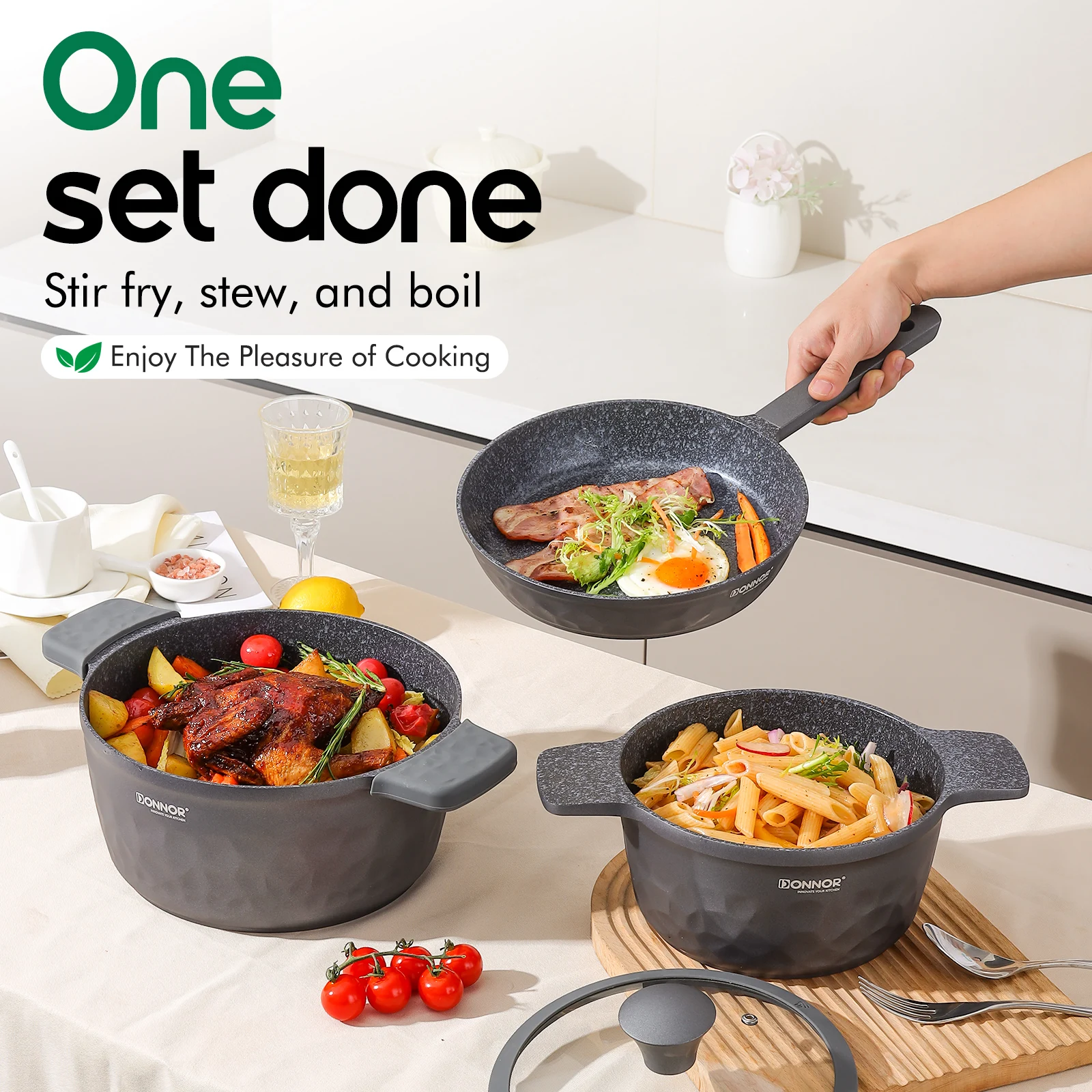 Donnor Granite Non Stick Pan and Pot Support Induction Ceramic Electric Gas Cooktops Compatible Cookware