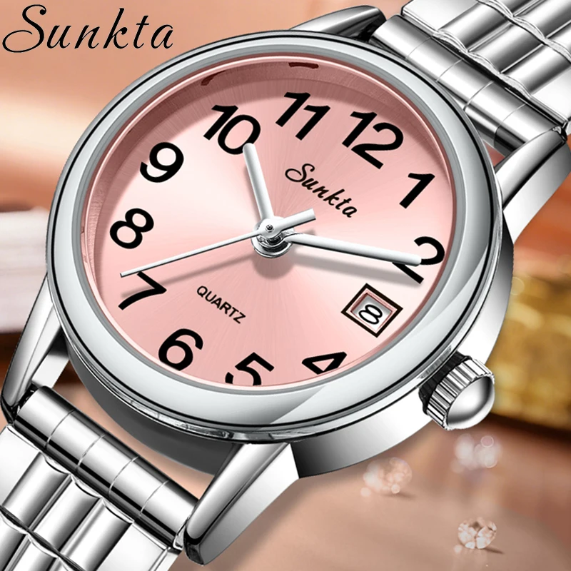 

SUNKTA креативные круглые часы с арабскими цифрами для женщин, модные простые женские кварцевые наручные часы, спортивные женские водонепроницаемые часы