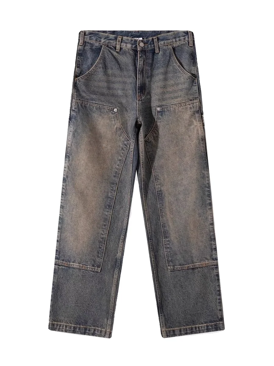 

Retro Waed American High Street Wide Leg Straight Cut Men's Jeans Youthful Casual Long Trousers Trendy Loose Knee Logging