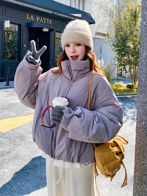 멋진 퍼플 디스트링 스탠드 칼라 여성용 다운 재킷 겨울 따뜻한 외투 캐주얼 루즈핏 폴리에스터 섬유