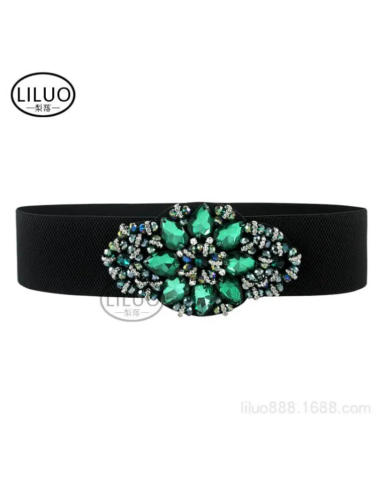 2023 Women Luxury Fashion Crystal Stone Belt Waist New Set Dress Accessories Elastic Decoration Green Bright Suitable 65-92cm