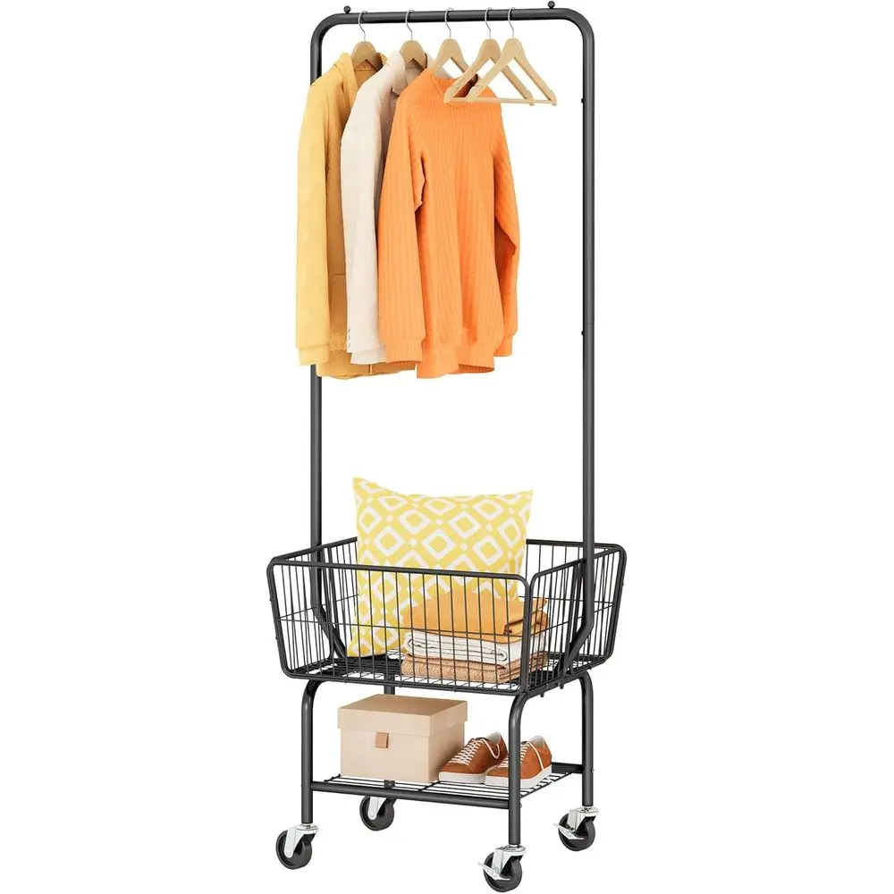 

Rolling Metal Laundry Cart with Hanging Rack and Storage Basket, Black